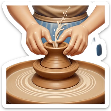 Cinematic Realistic image of a ceramic pottery wheel in action, with skilled hands shaping wet clay into a graceful form, featuring intricate details of swirling textures and gentle water splashes, illuminated by soft, artisanal lighting sticker