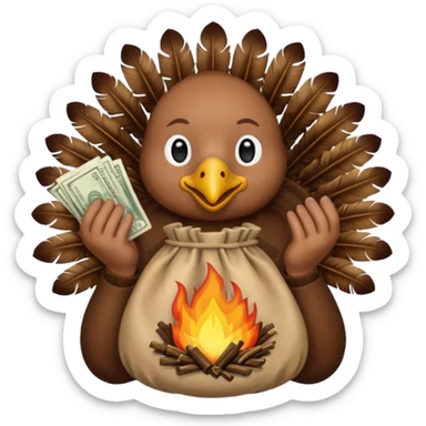 Can you create a turkey warming up a bag of money by a fire sticker