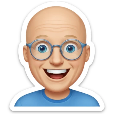 bald man with blue eyes and eye glasses laughing uncontrollably sticker