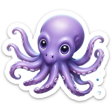 Meme-Worthy Floating Baby Octopus Portrait Emoji, Drifting gracefully in the water with soft, curled tentacles and a dreamy, weightless posture, showcasing a smooth, rounded light blue-purple body with mesmerizingly large, gentle eyes gazing into the abyss, Simplified yet poetically expressive features, highly detailed, glowing with a soft, celestial marine glow, high shine, quiet and mystical, stylized with an air of deep-sea serenity, soft glowing outline, capturing the essence of a tiny, peaceful cephalopod floating endlessly in the infinite beauty of the ocean depths! sticker