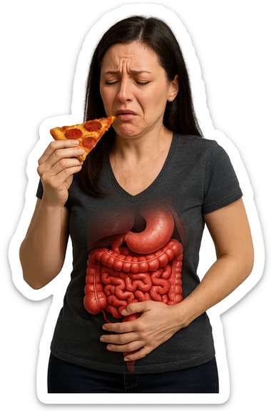 DONNA CON INTESTINO ANATOMICO REALISTICO IN EVIDENZA E MAL DI PANCIA MENTRE MANGIA UNA FETTA DI PIZZA, iperrealistici 4k, non disegnati sticker