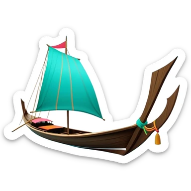 ​Cinematic Realistic Authentic Thai Longtail Boat, depicted as a traditional wooden longtail boat with a sleek, elongated hull and a brightly painted canopy, its long tail fin cutting gracefully through turquoise waters under a clear tropical sky, rendered with vibrant textures and dynamic natural lighting that captures its rustic charm and cultural heritage, sticker