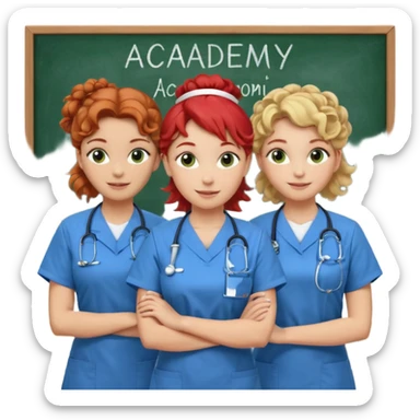 3 nurses: nurse 1 is wearing green work clothes, curly hair, middle european. nurse 2 is wearing blue work clothes, blond straight hair, scandinavic, nurse 3 is wearing white work clothes, red hair put into a bun, slavic. they all stand in a classroom, "Academy" written in white on board sticker