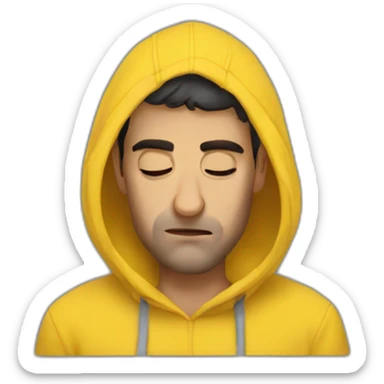 Armenian men in yellow hoodie holding his head. he has a headache sticker