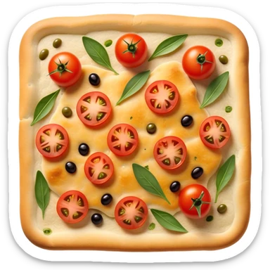 cinematic-realistic-focaccia-bread-dish-emoji,-depicted-as-a-golden,-olive-oil-brushed-flatbread-sprinkled-with-herbs-rendered-with-lifelike-texture-and-soft,-appetizing-lighting showing olives on top and the cherry tomatoes sticker