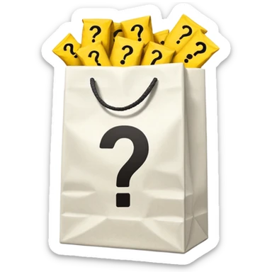 crumbled white goodie bag with yellow questions mark boxes stuffed in it sticker