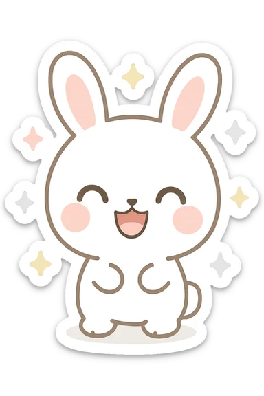 Enhance the bunny by making its fur a pure, bright white color while keeping the kawaii style, pink cheeks, and all other features the same. No background. sticker