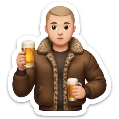 „A strong Russian young man with a buzz cut, muscular build, wearing a bear fur coat, holding a beer in one hand, confident expression, snowy background, Slavic aesthetics sticker