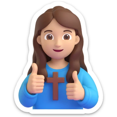 person with long brown hair holding a cross and giving a thumbs up, 3D emoji style sticker