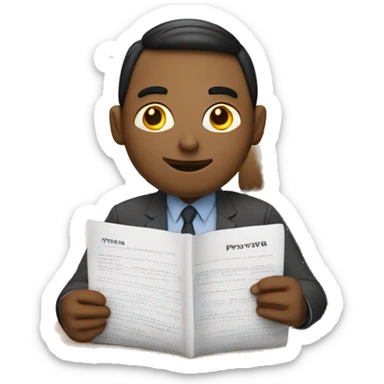 man sitting in a desk in front of notebook is holding a paper with word "prestavka" sticker