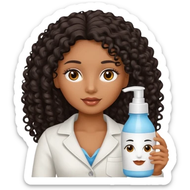 Uma boneca morena com olhos castanhos e cabelo cacheado longo preto, com creme de pentear na mão da Salon line sticker