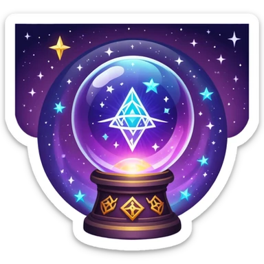 vibrant and mystical icon representing divination and esotericism. The icon should feature symbols like a crystal ball, tarot cards, or mystical runes, with glowing effects, stars, and a magical atmosphere. The design should be colorful, magical, and evoke a sense of mystery and spirituality. sticker