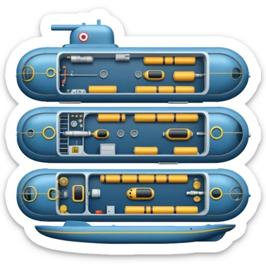 submarine floorplan, detailed interior, top-down, showing living quarters, torpedo room, engine, flat simple emoji style sticker