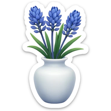 A small white ceramic vase holding a delicate blue hyacinth with soft green leaves — simple, elegant, and calming in a cozy, minimalist style. sticker