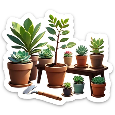 Close-up of a potted sapling in rich soil surrounded by vibrant plants and succulents. Bright sunlight filters through the window, casting soft shadows. Nearby gardening tools rest on a wooden table. Cozy indoor atmosphere with greenery and flowers. sticker