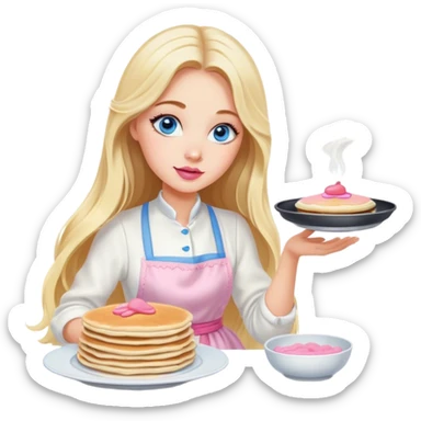 Cinematic realistic beautiful blonde with long hair, blue eyes and pink lips in a white dress cooks pancakes sticker