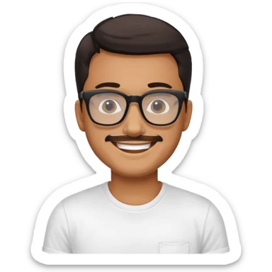 portrait of adult man, wearing a t-shirt, square glasses, smiling face sticker