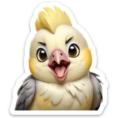 Cinematic Cute Yawning Cockatiel Portrait Emoji, Head tilted slightly with a dramatic, wide-open yawn, showcasing a soft grey fur with subtle yellow accents and gently drooping crest feathers, round dark eyes barely open in drowsy contentment, Simplified yet irresistibly adorable features, highly detailed, glowing with a soft, cozy glow, high shine, relaxed yet expressive, stylized with a touch of whimsy, bright and endearing, soft glowing outline, capturing the essence of a sleepy yet affectionate cockatiel, so drowsy it feels like it could stretch out of the screen and curl up for a nap! sticker