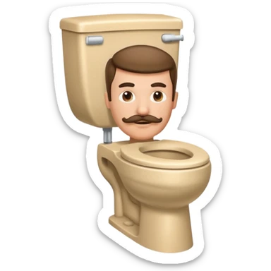 toilet with a man's head and a mustache sticker