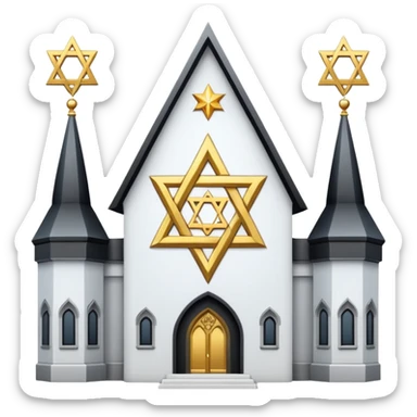 reform jewish synagogue similar in architecture to historical religious architecture in europe. the building should be white with silver/golden features, gothic architectural elements and star of david. no crosses. the emoji should be in ios emoji style. sticker