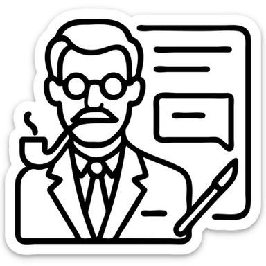 minimal icon of a serious elegant scholar with pipe, glasses, suit, standing before a document with stylized writing hinting at AI chat window, scalpel motif present, color palette inspired by vintage libraries and Cambridge, sophisticated and technical sticker