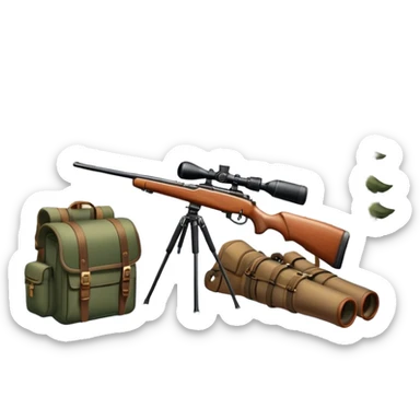 Icon for Hunting Tourism: a hunting rifle, binoculars, and animal tracks in the snow, with a forest background and a hunter’s backpack. The icon should represent the adventure and experience of hunting in nature. Transparent background. sticker