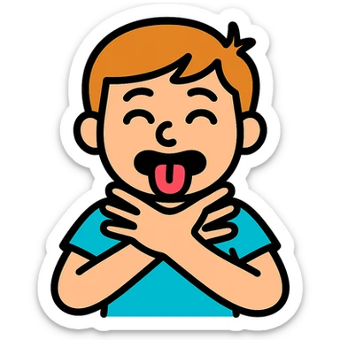 person pretending to choke themselves in a slapstick, exaggerated way, silly face, tongue out, comical hands on neck, vibrant colors sticker