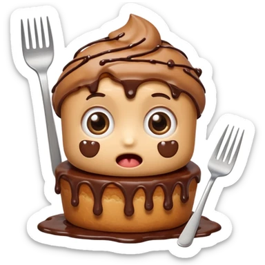 Funny cartoon chocolate mini pastry, holding tiny fork, wide shocked eyes, messy chocolate dripping, chibi style, Twitch emoji style, transparent background, colorful
 sticker