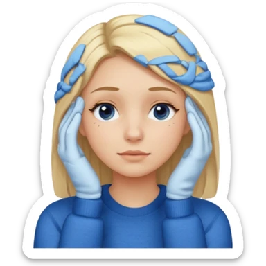 Girl massaging her head with blonde hair with anti-dark circles patches dressed in a blue sweater sticker