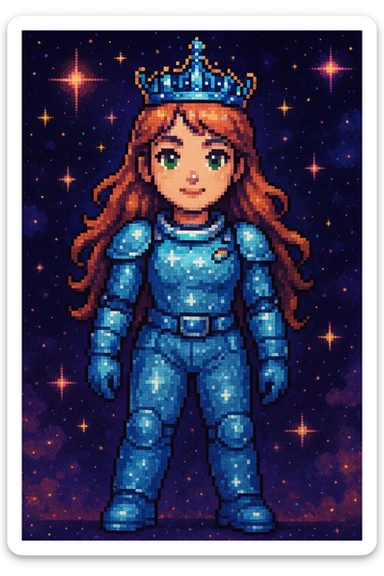 A space princess with a crown, pixel art style sticker