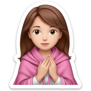 A girl with brown hair, wearing a pink shawl, has beautiful features and her hand rests on the shawl. sticker