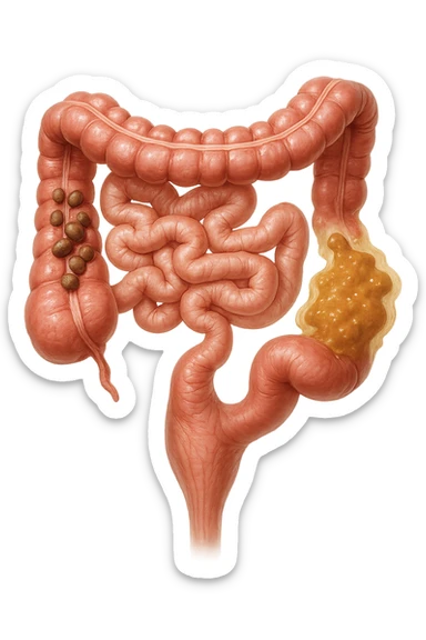 INTESTINO UMANO ANATOMICO REALISTICO CON FECI A PALLINE E FECI LIQUIDE CHE FLUTTUANO DIETRO BEN DISTINTE, IPERREALISTICO 4K sticker