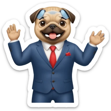 A pug in a suit in front of a stock chart with a rising trend sticker