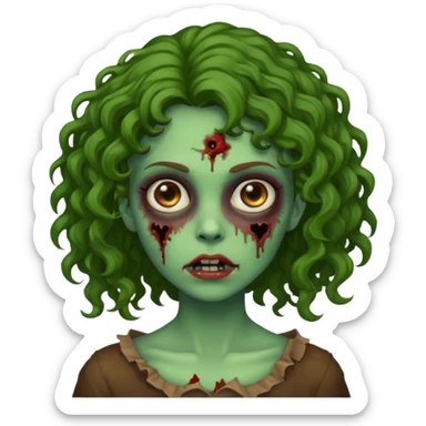 faça uma garota zombie, com a pele verde, cabelo castanho cacheado abaixo do ombro linda sticker