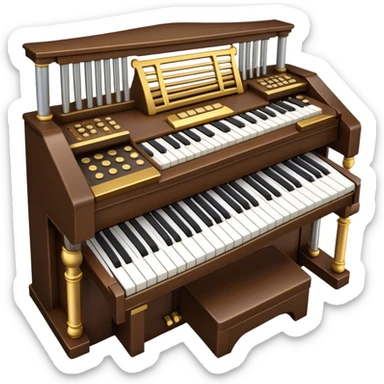 Create an elegant and majestic emoji representing a classical organ. The design should feature the grand pipes of the organ in the background, with visible details of the keys and pedalboard in the foreground. The pipes should be tall and impressive, with a mixture of gold, silver, and metallic shades to emphasize the grandeur of the instrument. The keyboard and pedals should be well-defined, capturing the intricate craftsmanship of the organ. Use dark wood tones and gold accents for the body of the instrument to give it a rich, historic feel. Add subtle musical notes around the organ to evoke its deep, resonant sound. The background should be transparent. sticker