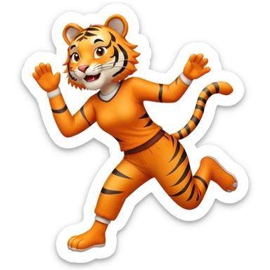 friendly anthropomorphised female tiger in a shirt and pants leaping, energetic pose sticker