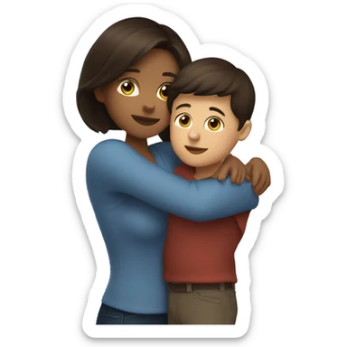 A brunette mom hugging her son sticker