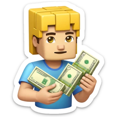 emoji style icon, minecraft blocky character holding a stack of money, pixel art style, bright colors, simple background, 3D glossy emoji, centered composition, soft shadow, high detail, clean outline, white background sticker