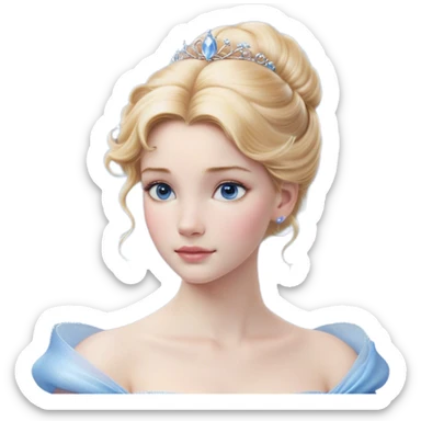 Cinematic Realistic Cinderella Portrait, depicted with lifelike skin texture, subtle rosy undertones, and soft natural lighting that enhances the gentle contours of her face. Her intricately detailed golden blonde hair is elegantly styled in an updo, with delicate wisps framing her face. Her deep, expressive blue eyes radiate warmth and sincerity, reflecting a quiet resilience and grace. She holds a glass slipper gently in one hand, her other hand resting gracefully at her side, emphasizing the timeless beauty of the moment. She is dressed in her iconic ball gown, the fabric shimmering with intricate embroidery and fine translucent layers that catch the light beautifully. The soft sheen of satin gloves adds a magical touch to her graceful pose. The portrait features an enchanting glow with a natural, luminous finish, seamlessly blending realism and fairytale charm to evoke a sense of depth, elegance, and timeless beauty. sticker