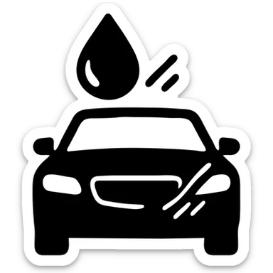 solid icon of a full luxury vehicle with glossy black mirror paint, water droplet sliding on the surface, minimal repellent effect with lines, elegant and minimal sticker