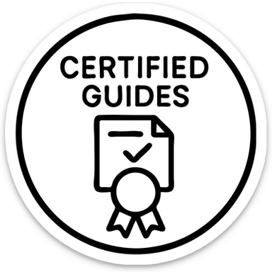 Minimalist icon for Certified Guides in black outlined style with the same color code and format as the reference images. Place a guide badge or certificate symbol inside the circle. sticker
