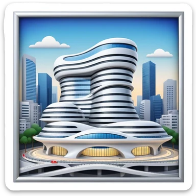Realistic Dongdaemun Design Plaza (DDP) Landmark Emoji, featuring the iconic curving silver structure with futuristic architecture, illuminated pathways, and a sleek modern design set against the Seoul cityscape. sticker