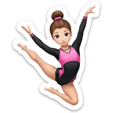 A female gymnast with brown hair in a neat bun, wearing a black uniform with pink elements, performing an acrobatic move. A female gymnast with brown hair in a neat bun, wearing a black uniform with pink elements, performing an acrobatic move. sticker