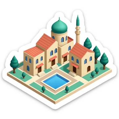 little city and many, small, ordinary, simple, home, Iranian-style, 1980, isometric sticker