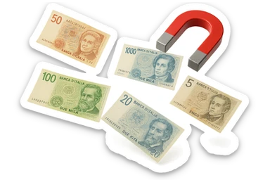 cinque banconote fluttuano in aria attratte da una calamita rossa, iperrealistica 4k, isolato su sfondo bianco sticker