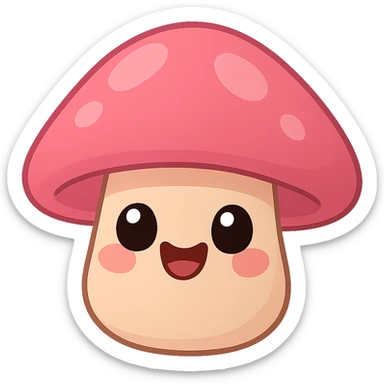 a cute pink mushroom, original design, big eyes, blushing cheeks, joyful sticker