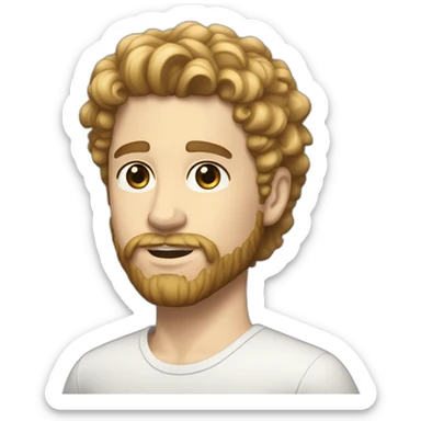 White boy, white skin, brown eyes, curly and blonde hair on the top and short on the sides, and beard sticker
