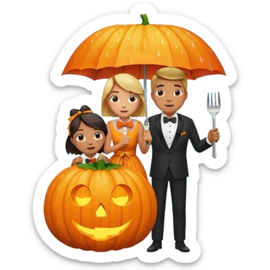 Make a guy hugging a giant pumpkin with a fork in his right hand while there's fire while there's a lady watching while it's raining while there's an umbrella on the ground that's alive and the sun has a bow tie on his neck sticker