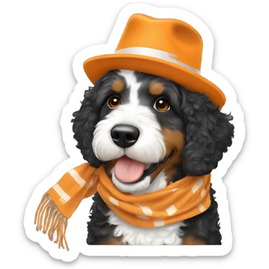 Bernedoodle with University of tennessee hat and scarf sticker