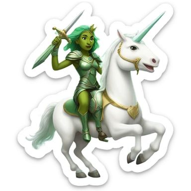 a green Amazon alien woman on a white unicorn holding a sword and shield sticker